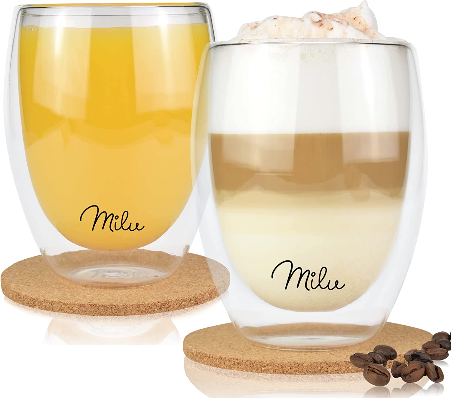 Milu Thermal Glasses - Σετ με 2 Κούπες Διπλής Όψεως Από Γυαλί με 2 Σουβέρ από Φελλό - 350ml - Διάφανες - 2433‎