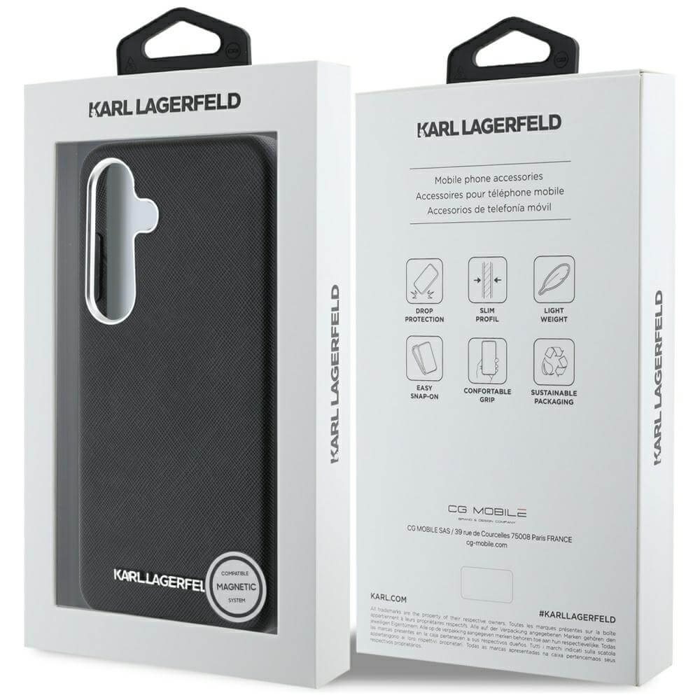 Karl Lagerfeld Samsung Galaxy S25 - Saffiano Full Wrapped Elongated Metal Logo - MagSafe Σκληρή Θήκη με Επένδυση Συνθετικού Δέρματος και Πλαίσιο Σιλικόνης - Black - KLHMS25SPSAFWMCK