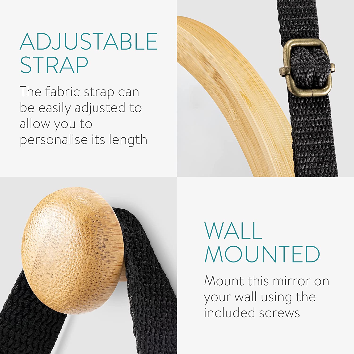 Navaris Στρόγγυλος Κρεμαστός Καθρέπτης Τοίχου από Μπαμπού - 38 cm - Light Brown / Black - 50259.3