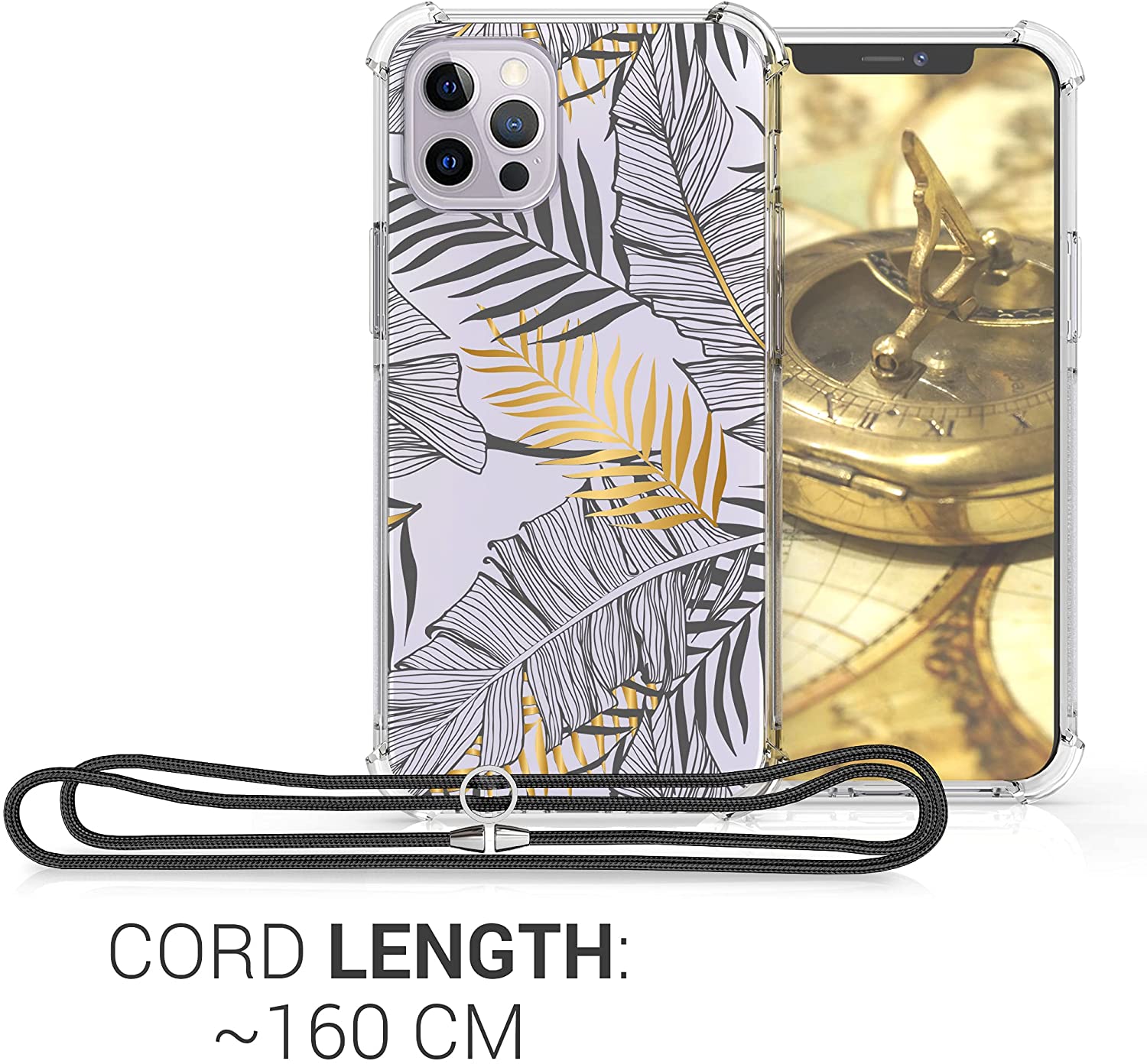 KW iPhone 12 / 12 Pro Θήκη Σιλικόνης TPU με Λουράκι Design Palm Leaves - Yellow / Grey - Διάφανη - 54084.03