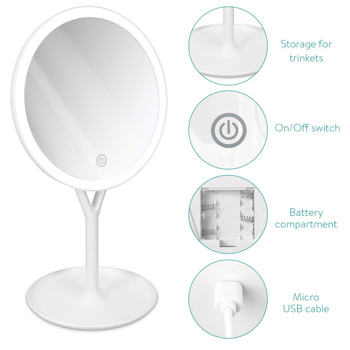 Navaris Περιστρεφόμενος Φωτιζόμενος Καθρέπτης LED με Πρόσθετο Καθρέπτη - White - 48931.48