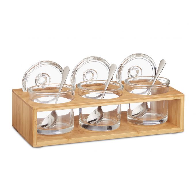 Relaxdays Σετ με 3 Γυάλινα Βάζα Αποθήκευσης με Βάση από Μπαμπού - Διάφανα / Natural / Silver - 4052025321475