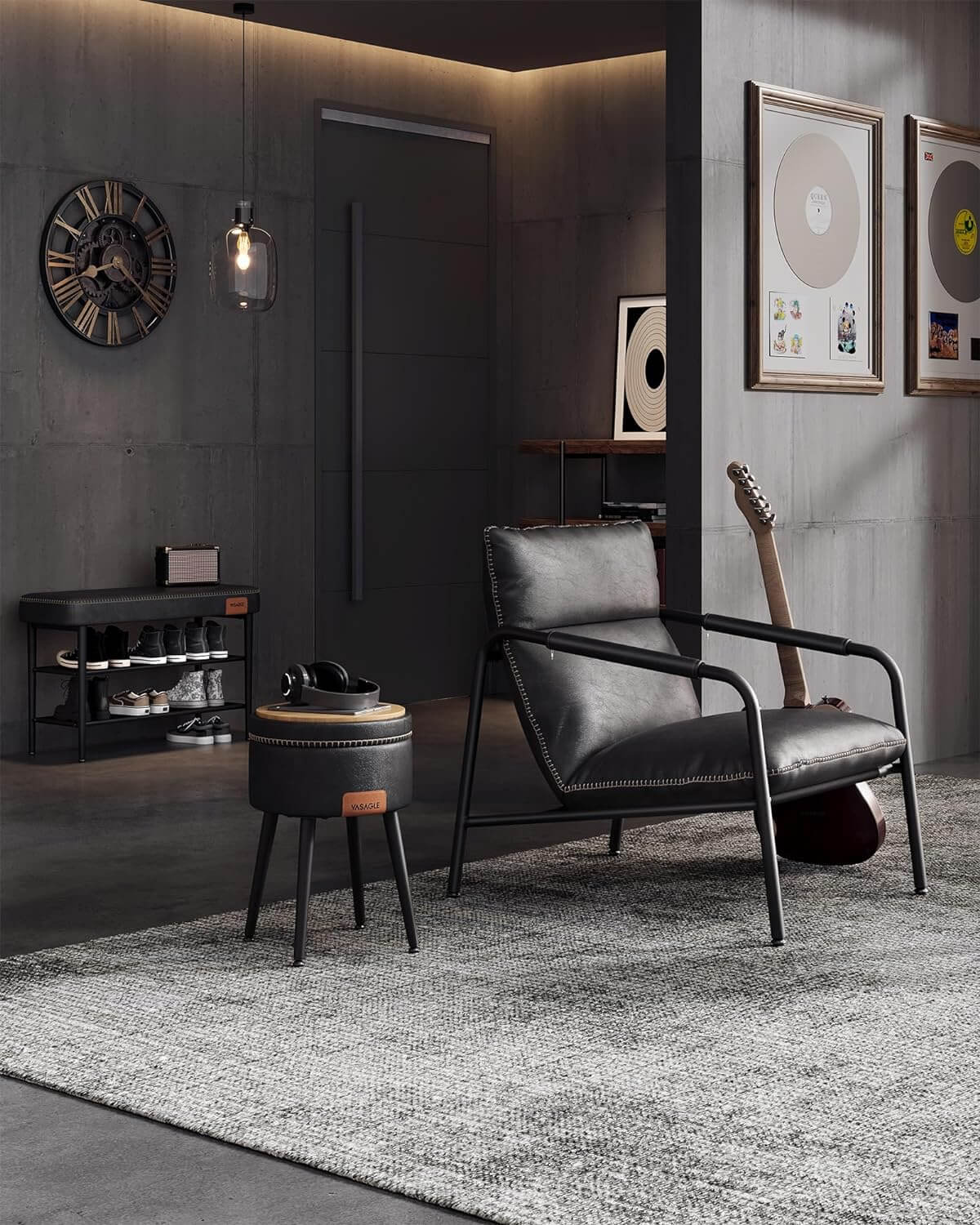 Vasagle EKHO Πάγκος / Σκαμπό με Κάθισμα από Συνθετικό δέρμα και 2 Ράφια - 30 x 80 x 50 cm - Ink Black - LSB054B01