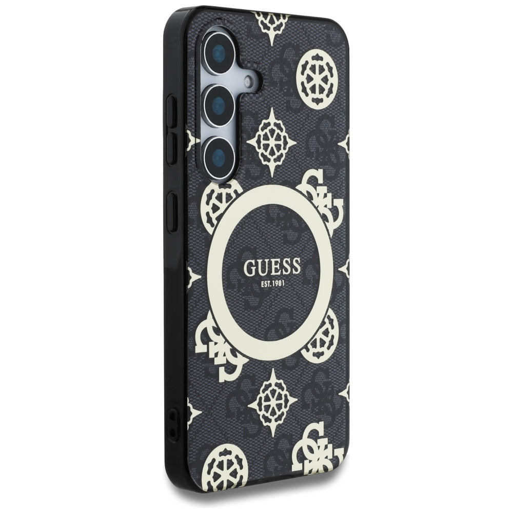 Guess Samsung Galaxy S25 - 4G Background Gold Electroplated Peony Pattern MagSafe - Σκληρή Θήκη με Πλαίσιο Σιλικόνης - Black - GUHMS25SH4PYEEK