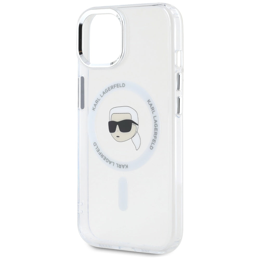 Karl Lagerfeld iPhone 15 - IML Metal Karl Head - MagSafe Σκληρή Θήκη με Πλαίσιο Σιλικόνης - White - KLHMP15SHLSKIH