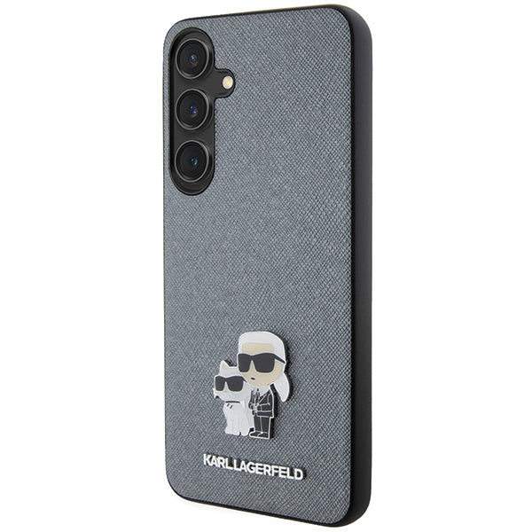 Karl Lagerfeld Samsung Galaxy S24 - Saffiano Karl and Choupette Metal Pin Σκληρή Θήκη με Επένδυση Συνθετικού Δέρματος και Πλαίσιο Σιλικόνης - Grey - KLHCS24SPSAKCMPG