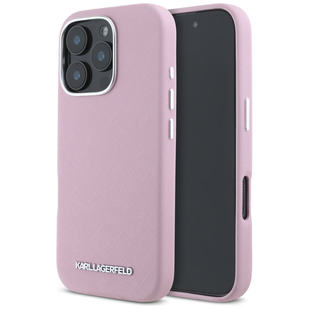Karl Lagerfeld iPhone 16 Pro Max - Saffiano Full Wrapped Elongated Metal Logo - MagSafe Σκληρή Θήκη με Επένδυση Συνθετικού Δέρματος και Πλαίσιο Σιλικόνης - Pink - KLHMP16XPSAFWMCP