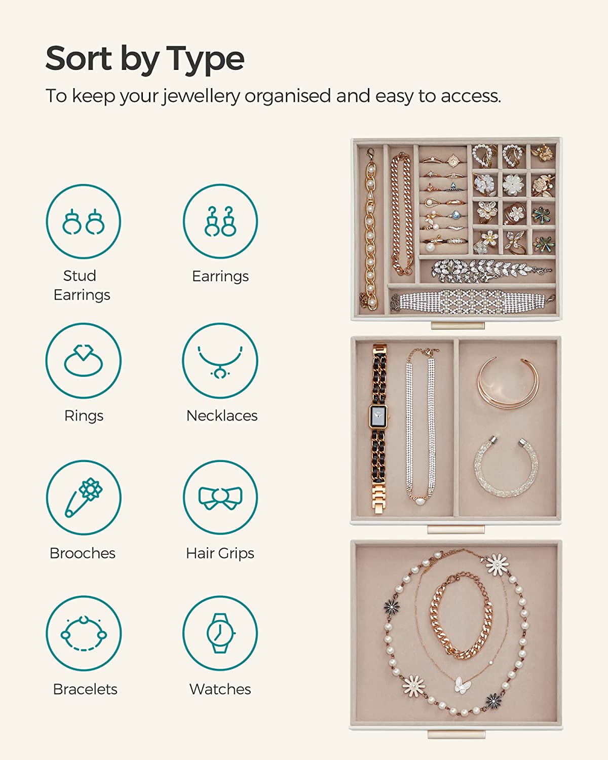 Songmics Κουτί Αποθήκευσης Κοσμημάτων με 3 Επίπεδα - White - JBC239WT