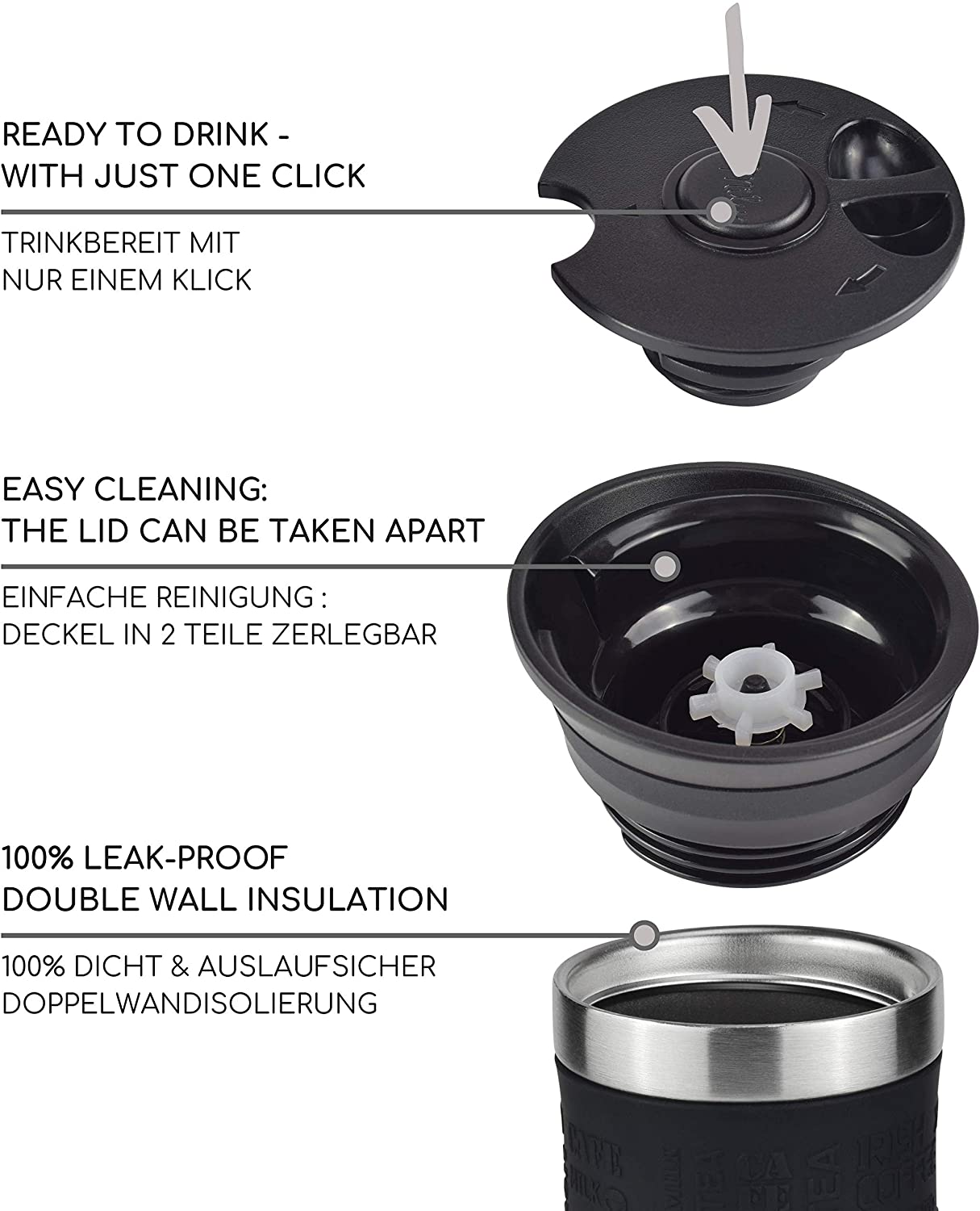 Milu T1 Κούπα Θερμός Από Ανοξείδωτο Ατσάλι - 100% Στεγανή - 450 ml - Black - 6604