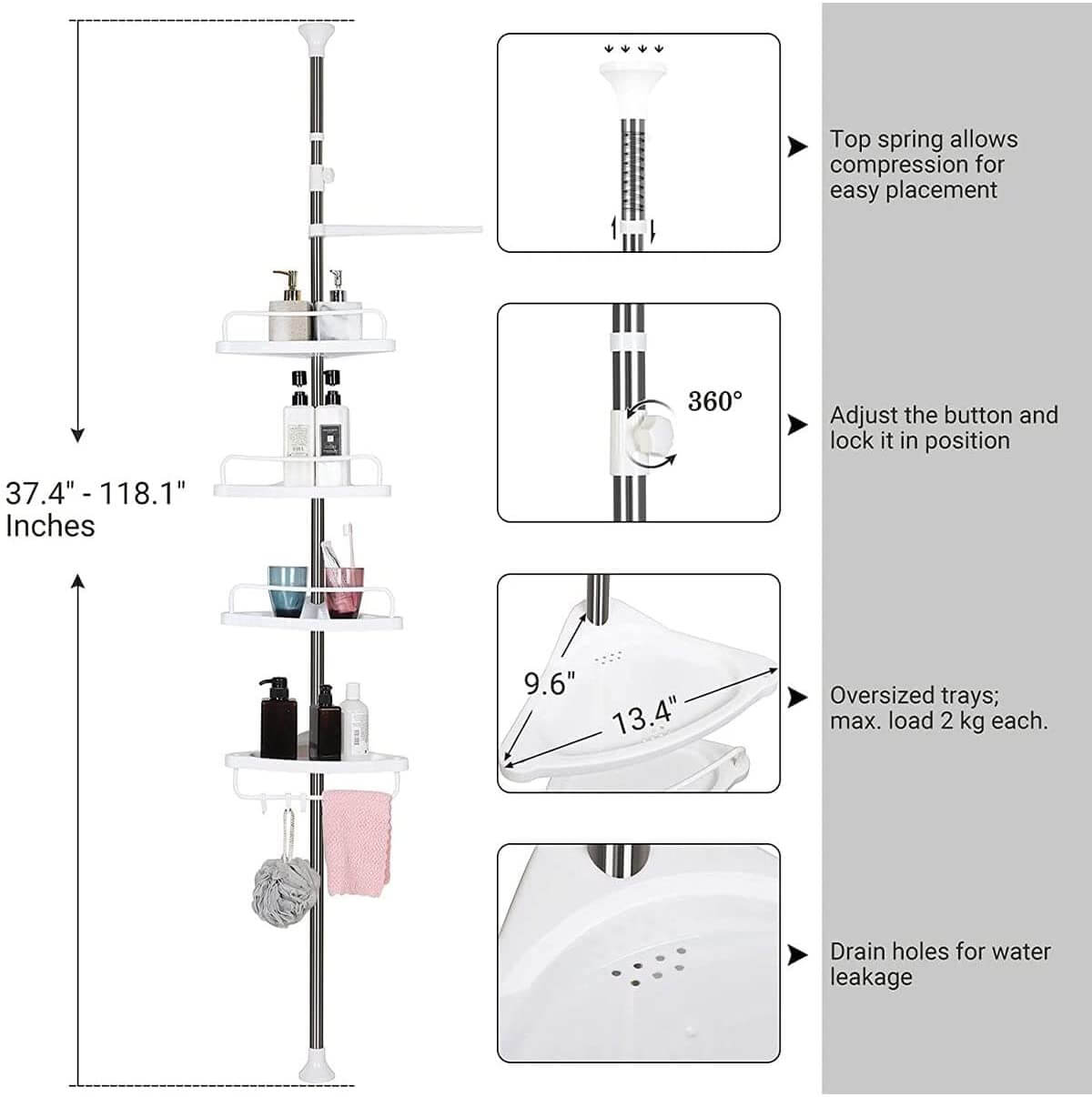 Songmics Γωνιακή Πλαστική Ραφιέρα Ντουζιέρας με Μεταλλικό Σκελετό - White / Silver - BCB02SW
