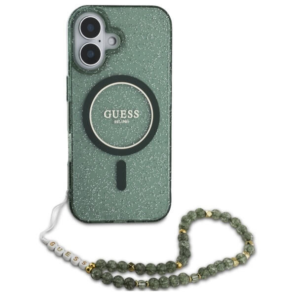 Guess iPhone 16 - IML Glitter With Pearl Strap MagSafe - Σκληρή Θήκη με Πλαίσιο Σιλικόνης και Λουράκι - Green - GUHMP16SHGCRELSA