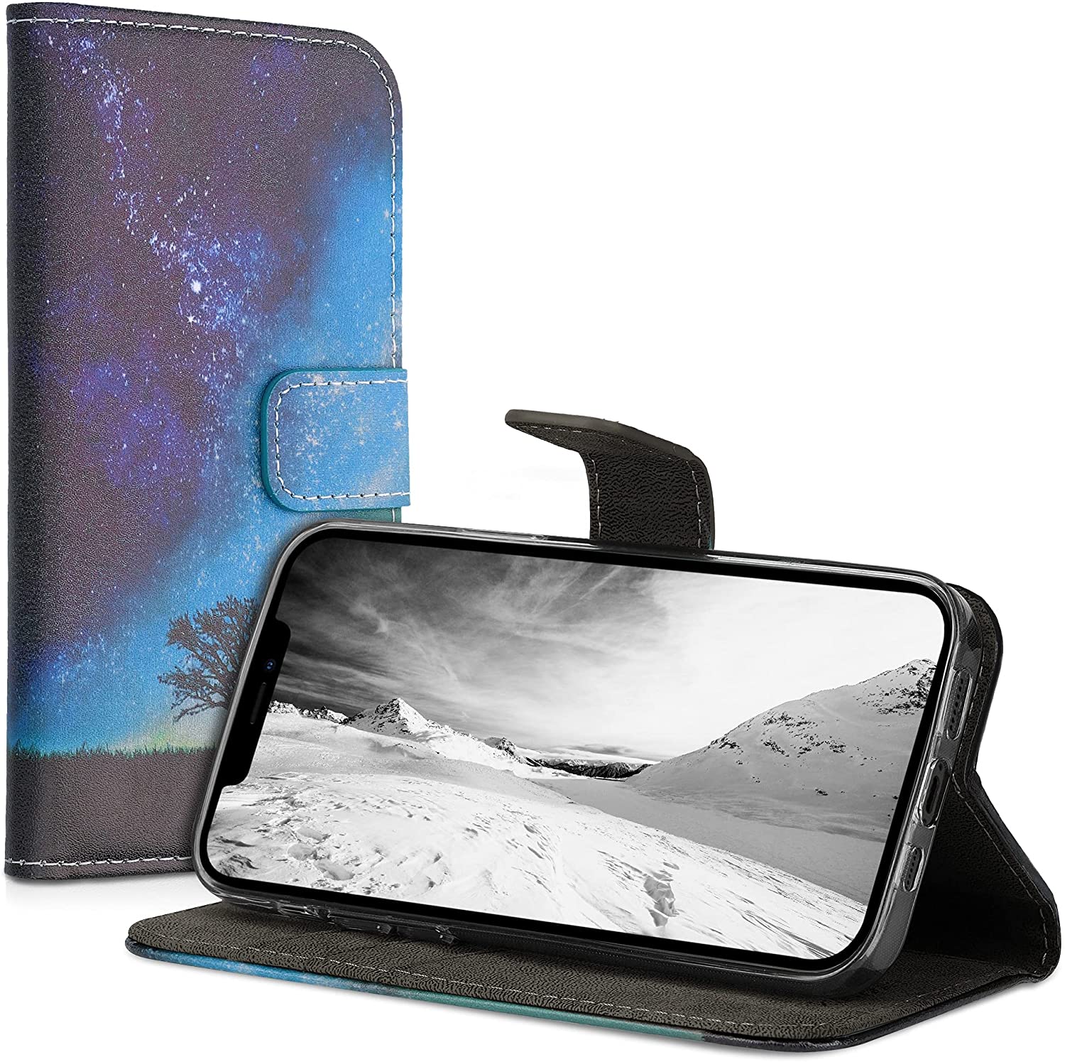 KW iPhone 12 / iPhone 12 Pro Θήκη Πορτοφόλι Stand - Design Cosmic Nature - Blue / Grey / Black - 55803.02