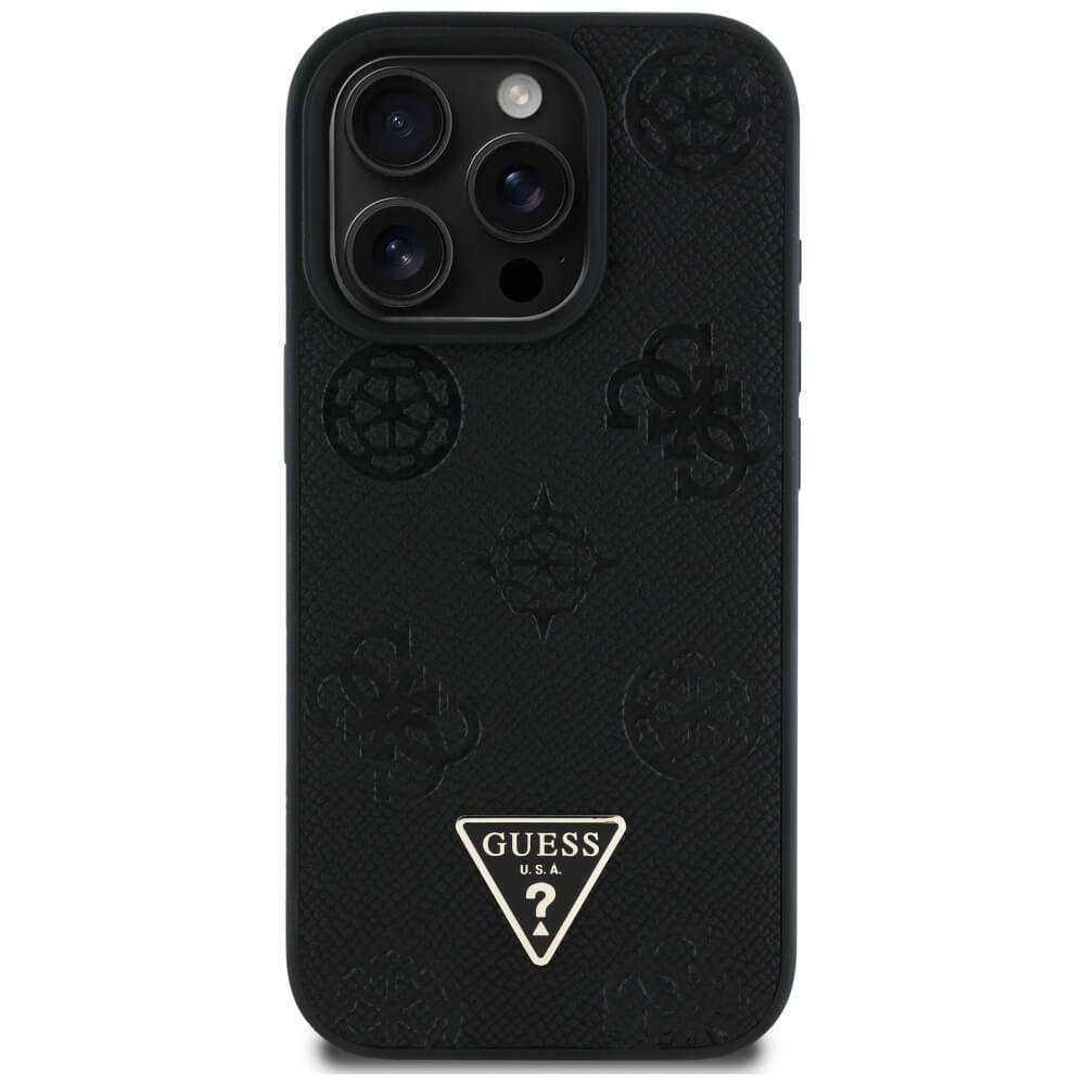 Guess iPhone 16 Pro Max - Grained Hot Stamp Peony Triangle Logo - MagSafe Σκληρή Θήκη με Επένδυση Συνθετικού Δέρματος - Black - GUHMP16XPGBTMK