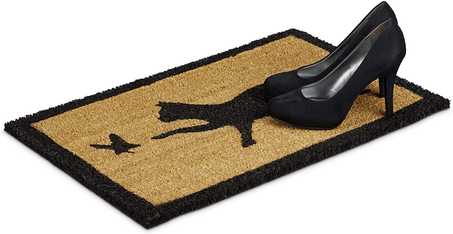 Relaxdays Χαλάκι Πόρτας από Ίνες Καρύδας Design Cat Catching Bird - 60 x 40 cm - Natural - 4052025032272