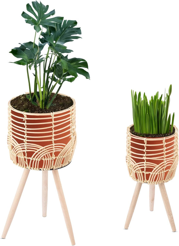Navaris Σετ με 2 Rattan Κασπό με Ξύλινα Πόδια - Natural - 60955.01