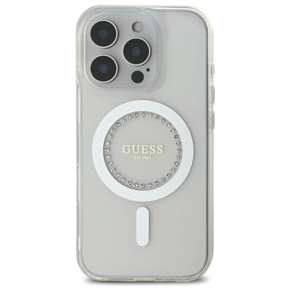 Guess iPhone 16 Pro Max - IML Rhinestones - MagSafe Σκληρή Θήκη με Πλαίσιο Σιλικόνης - White - GUHMP16XPFTDTEH