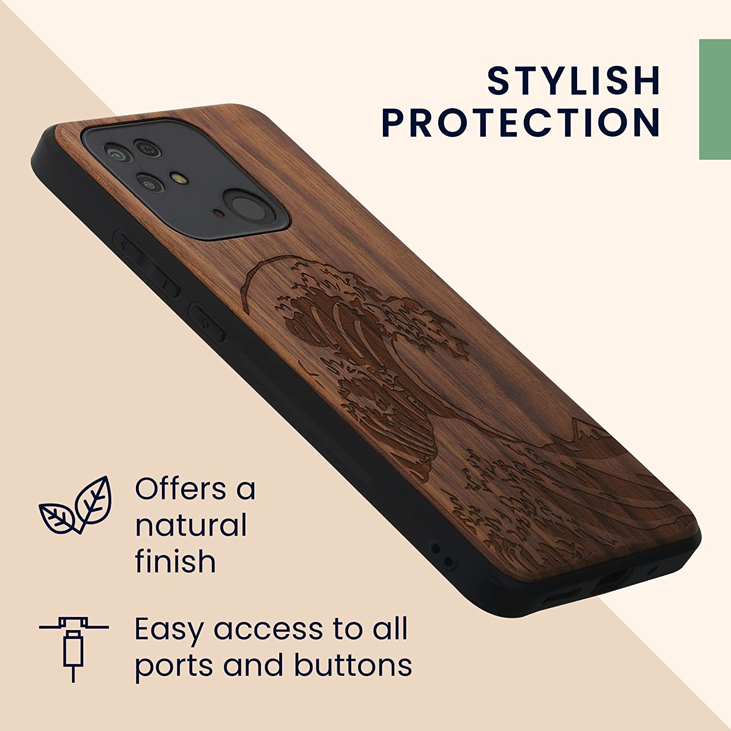 KW Xiaomi Redmi 10C Θήκη από Φυσικό Ξύλο - Design The Great Wave - Dark Brown - 59468.04