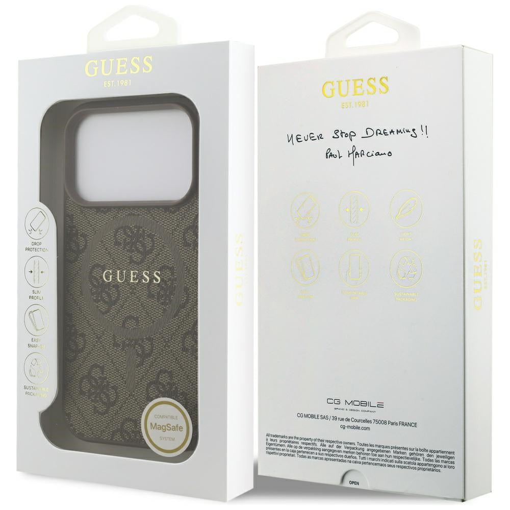 Guess iPhone 17 Pro - 4G Ring Classic Logo MagSafe - Σκληρή Θήκη με Πλαίσιο Σιλικόνης και Επένδυση Συνθετικού Δέρματος - Brown - GUHMP17LG4GFRW