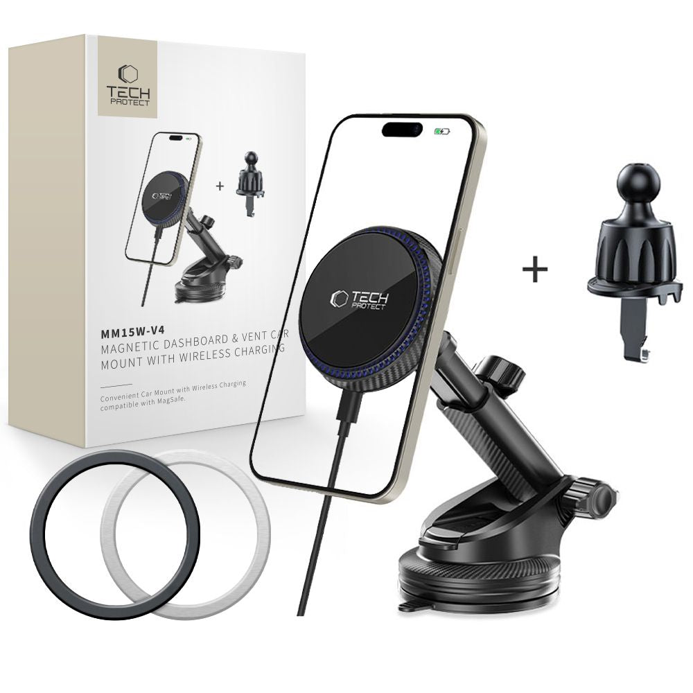 Tech-Protect MM15W-V4 Μαγνητική Βάση για το Ταμπλό και τον Αεραγωγό του Αυτοκινήτου με Ασύρματη Φόρτιση MagSafe 15W - Black