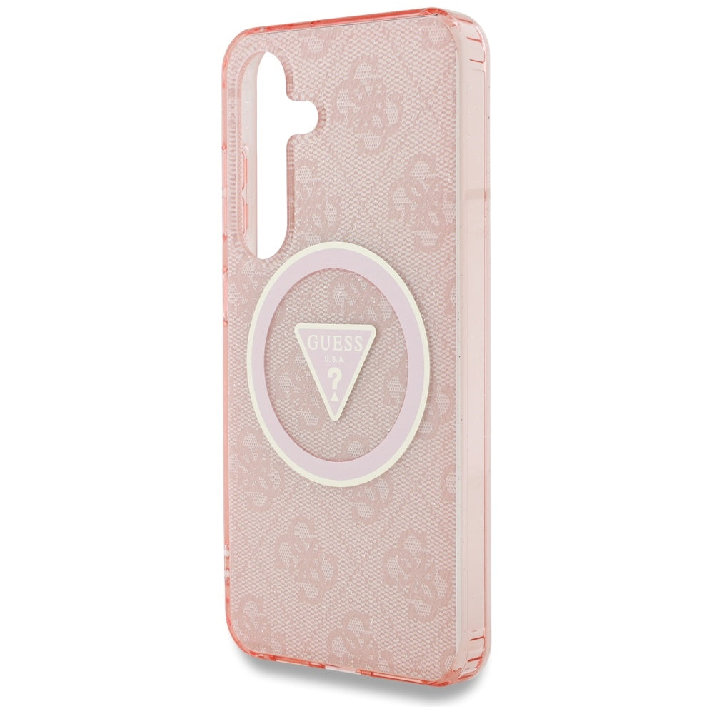 Guess Samsung Galaxy S25 - 4G Glitter Triangle Buttons - MagSafe Σκληρή Θήκη με Πλαίσιο Σιλικόνης - Pink - GUHMS25SHG4PRTGP