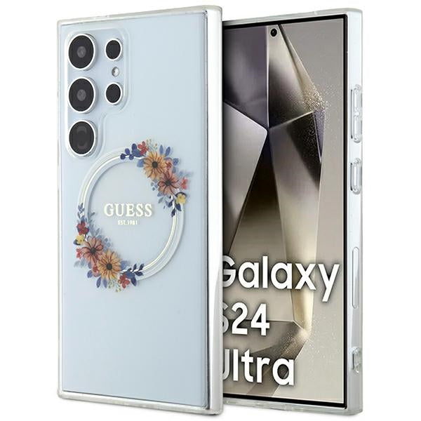 Guess Samsung Galaxy S24 Ultra - IML Flowers Wreath - MagSafe Σκληρή Θήκη με Πλαίσιο Σιλικόνης - Διάφανη - GUHMS24LHFWFCT