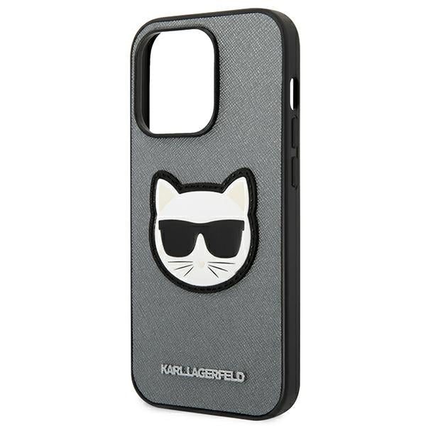 Karl Lagerfeld iPhone 14 Pro Max - Saffiano Choupette Head Patch Σκληρή Θήκη με Επένδυση Συνθετικού Δέρματος και Πλαίσιο Σιλικόνης - Grey - KLHCP14XSAPCHG