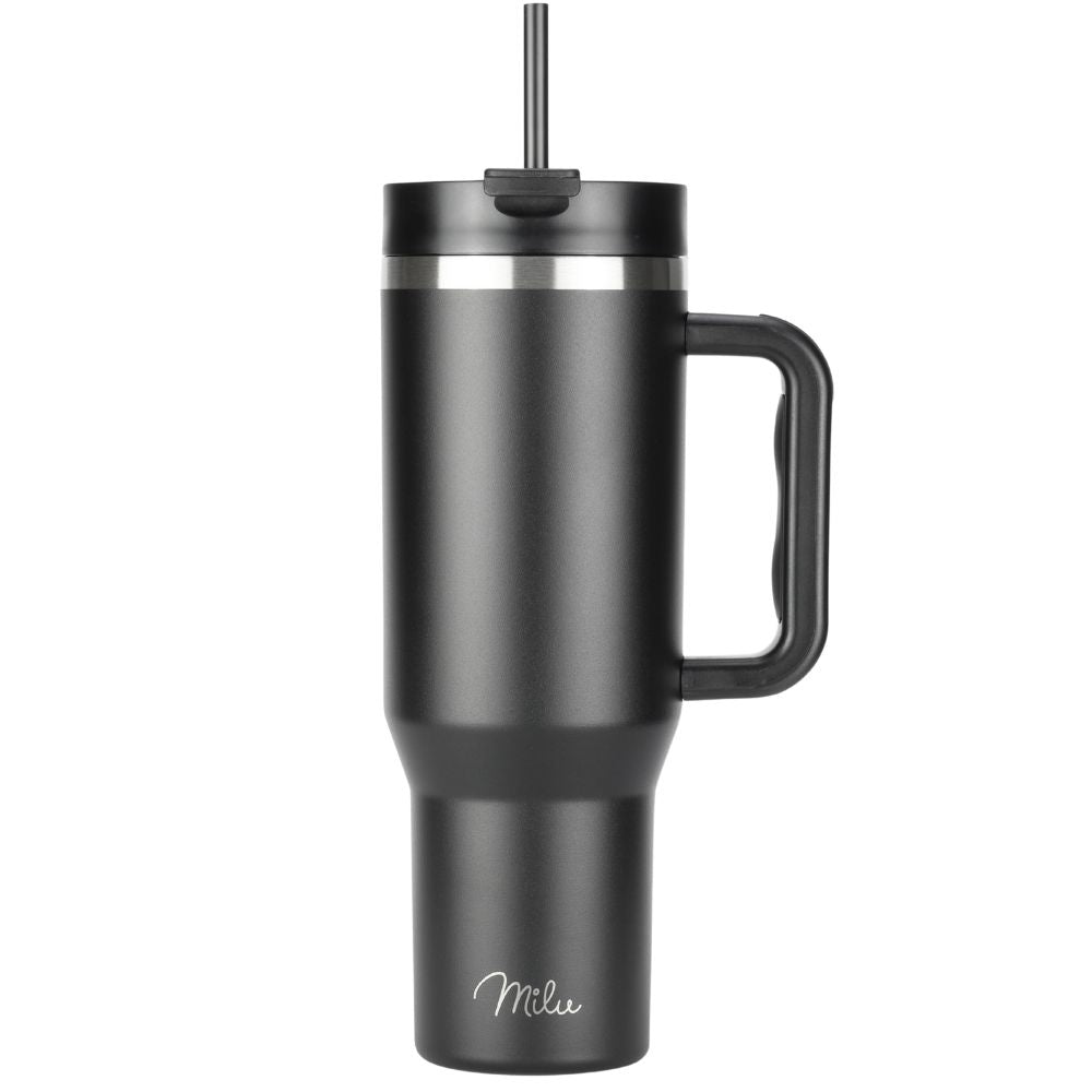 Milu T11 Ποτήρι Θερμός Από Ανοξείδωτο Ατσάλι με Καπάκι 2 σε 1 και Καλαμάκι - 1.2L - Black - 1952
