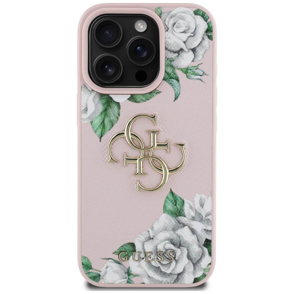 Guess iPhone 16 Pro Max - Grained Roses Big 4G Logo - Σκληρή Θήκη με Επένδυση από Οικολογικό Δέρμα - Pink - GUHCP16XPGROP4MP