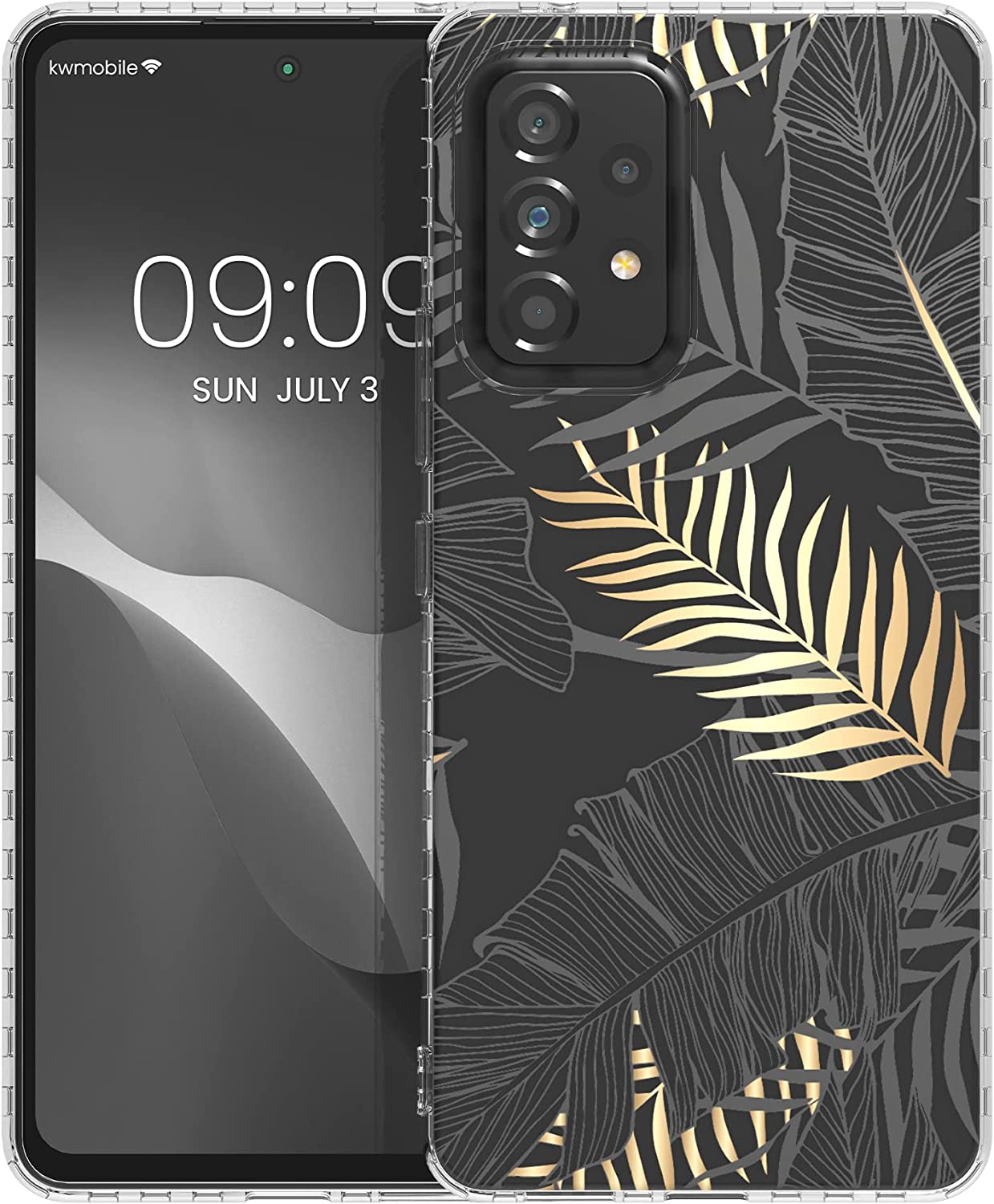 KW Samsung Galaxy A53 5G Σκληρή Θήκη με Πλαίσιο Σιλικόνης - Design Palm Leaves - Διάφανη / Gold / Grey - 58368.01
