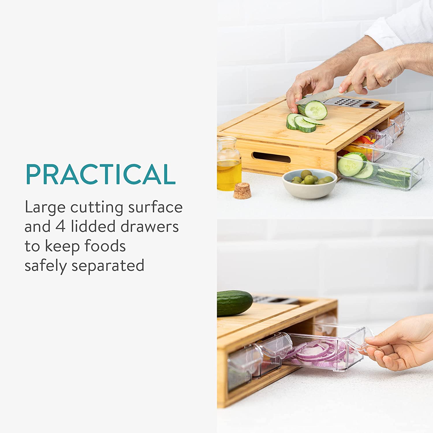 Navaris Ξύλο Κοπής από Μπαμπού με Τρίφτη και 4 Δοχεία Συλλογής - Brown - 58084.01