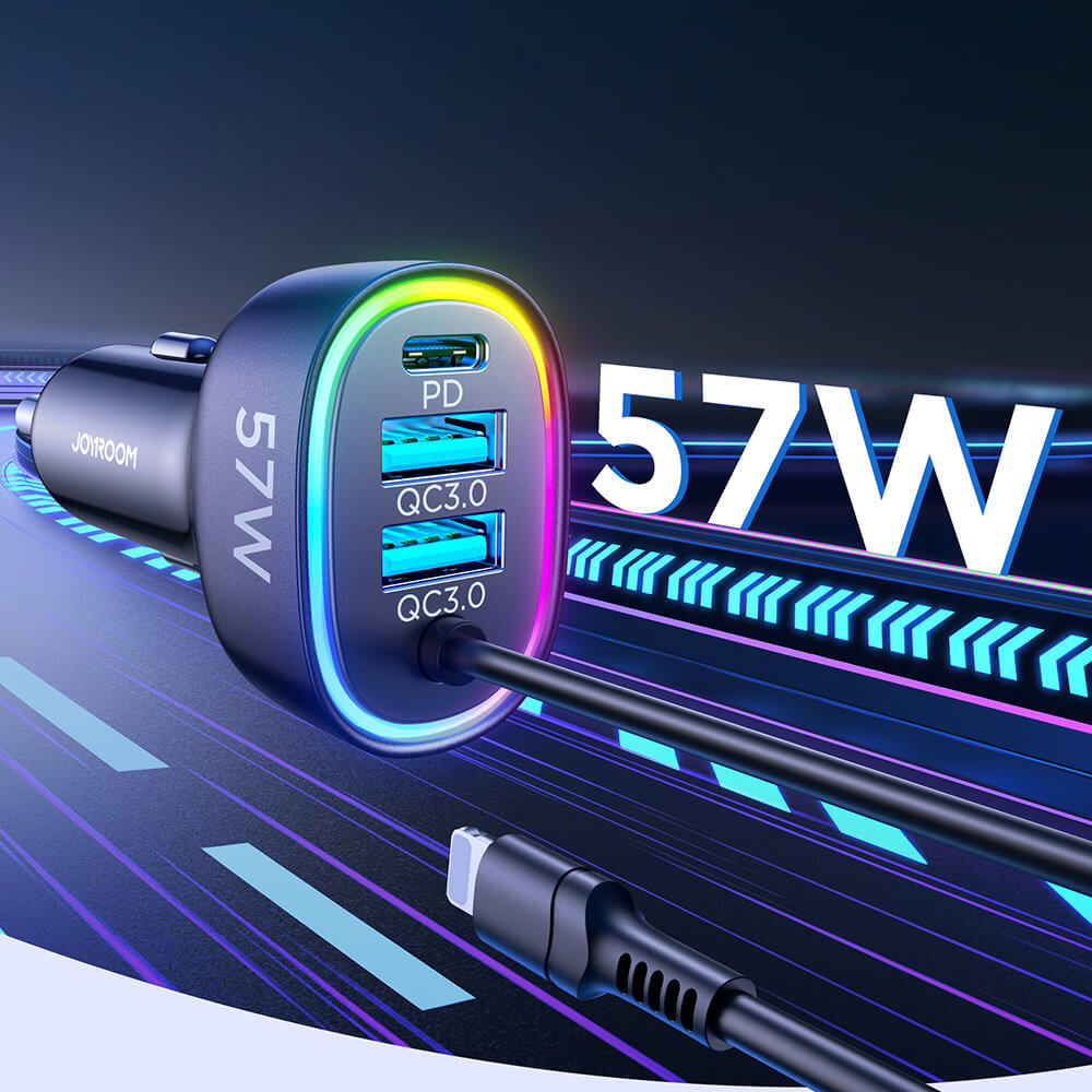 Joyroom JR-CL20 4in1 Fast Car Charger 57W Φορτιστής Αυτοκινήτου με 2 Θύρες USB, 1 Θύρα Type-C και Καλώδιο Lightning 1.6m - Black