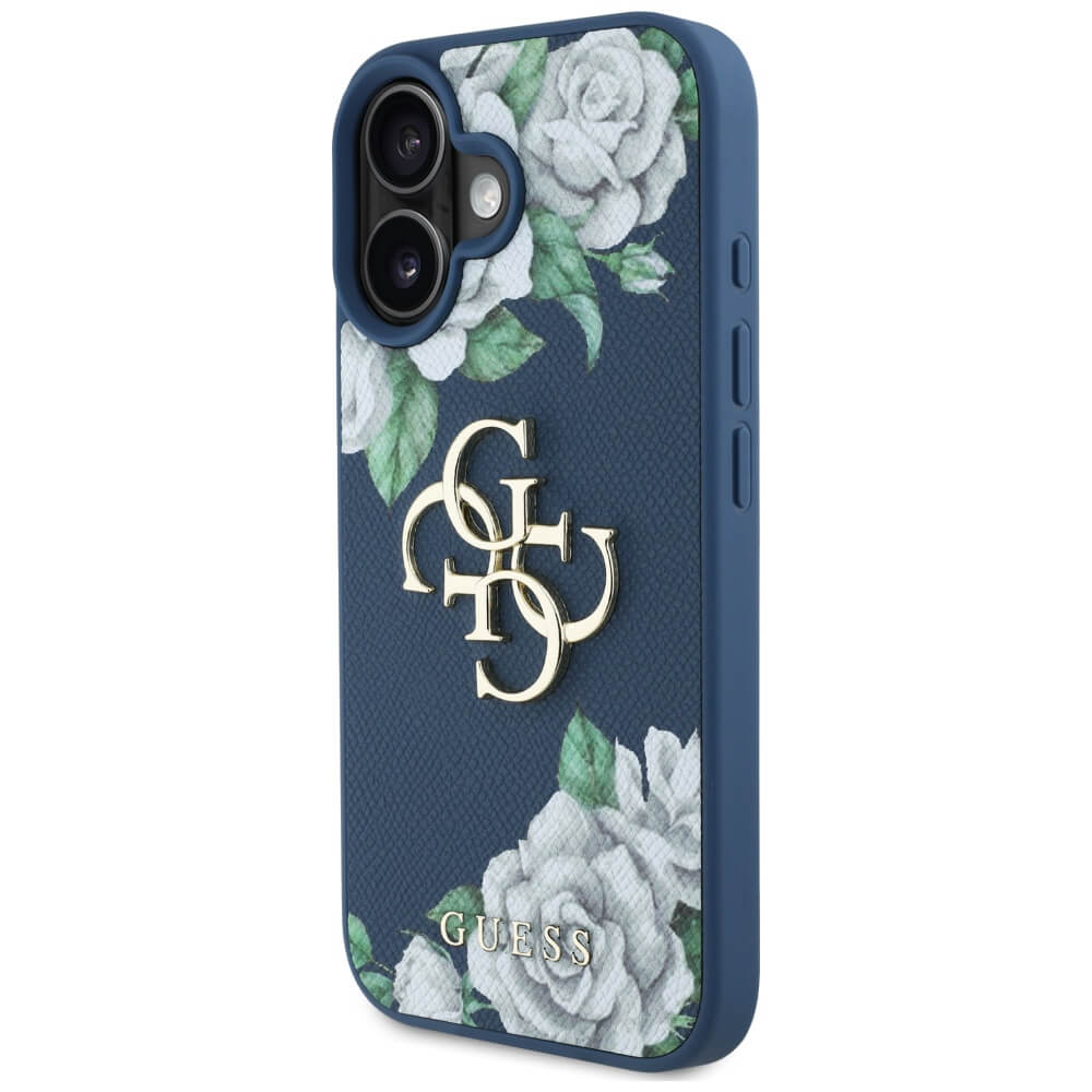 Guess iPhone 16 - Grained Roses Big 4G Logo - Σκληρή Θήκη με Επένδυση από Οικολογικό Δέρμα - Blue - GUHCP16SPGROP4MB