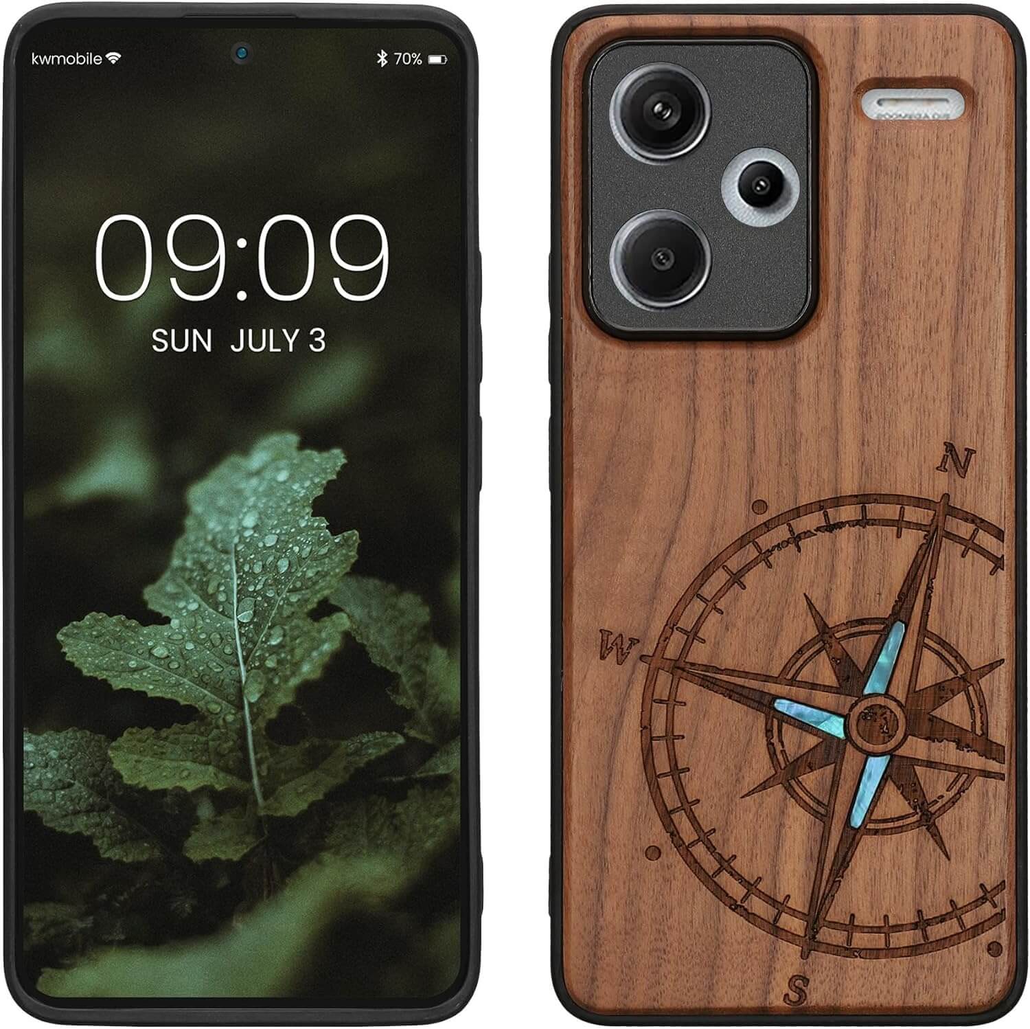 KW Xiaomi Redmi Note 13 Pro+ 5G Θήκη από Φυσικό Ξύλο - Design Navigational Compass - Mother of Pearl - Dark Brown