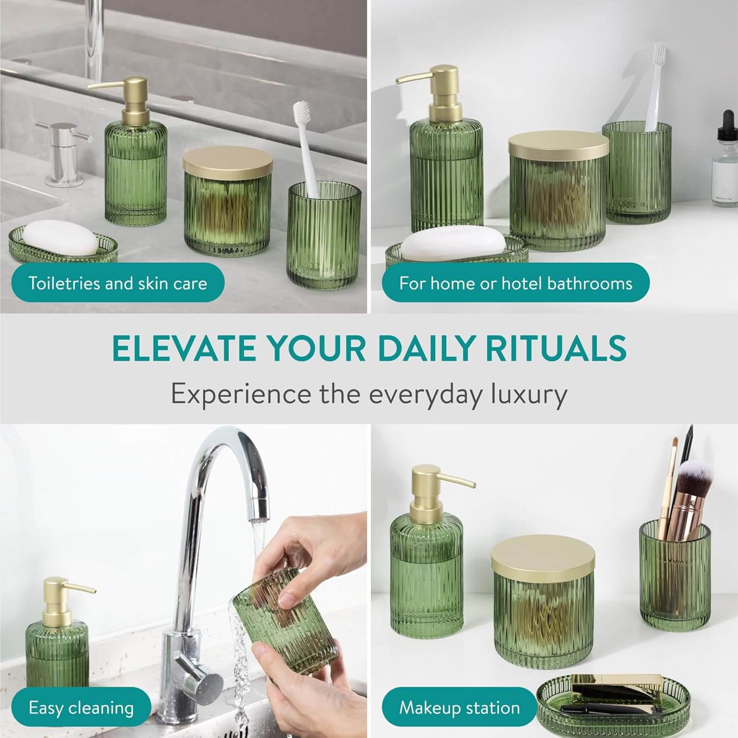 Navaris Γυάλινο Σετ 4 Τεμαχίων Αξεσουάρ Μπάνιου - Διάφανο / Sage Green