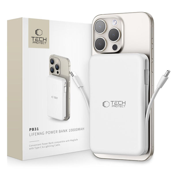 Tech-Protect PB31 Lifemag Ασύρματο MagSafe PowerBank Κινητού 10000 mAh με Ενσωματωμένο Καλώδιο Type-C και Lightning - White - likebrands.gr