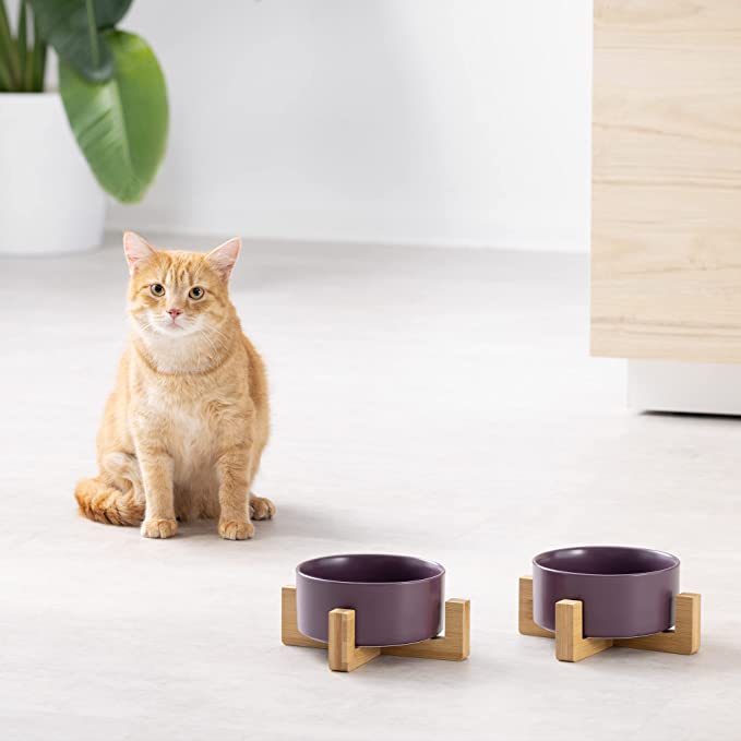 Navaris Cat Bowls with Wood Stands - Σετ με 2 Μπολ Φαγητού και Νερού με Βάση από Μπαμπού για Κατοικίδια - 850ml - Matte Purple / Brown - 48350.55