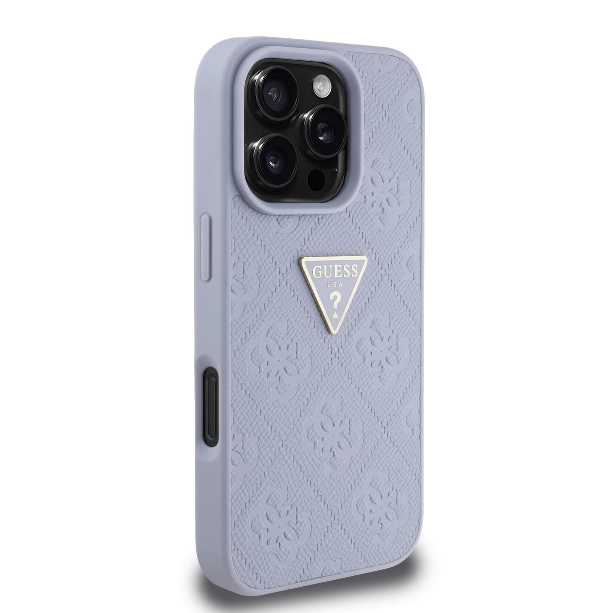 Guess iPhone 16 Pro Max - Hot Stamp 4G Pattern Triangle Metal Logo - Σκληρή Θήκη με Επένδυση Συνθετικού Δέρματος και Πλαίσιο Σιλικόνης - Purple - GUHCP16XPGP4STRU