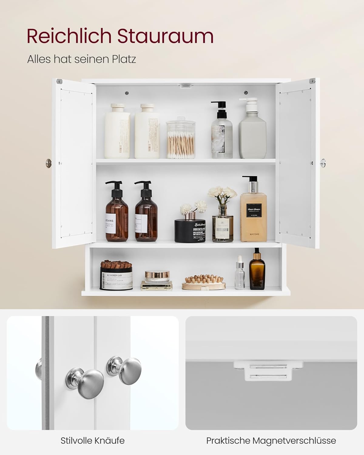 Vasagle Ντουλάπι Μπάνιου με Καθρέφτη και Ράφι - 56 x 58 x 13 cm - White - LHC002