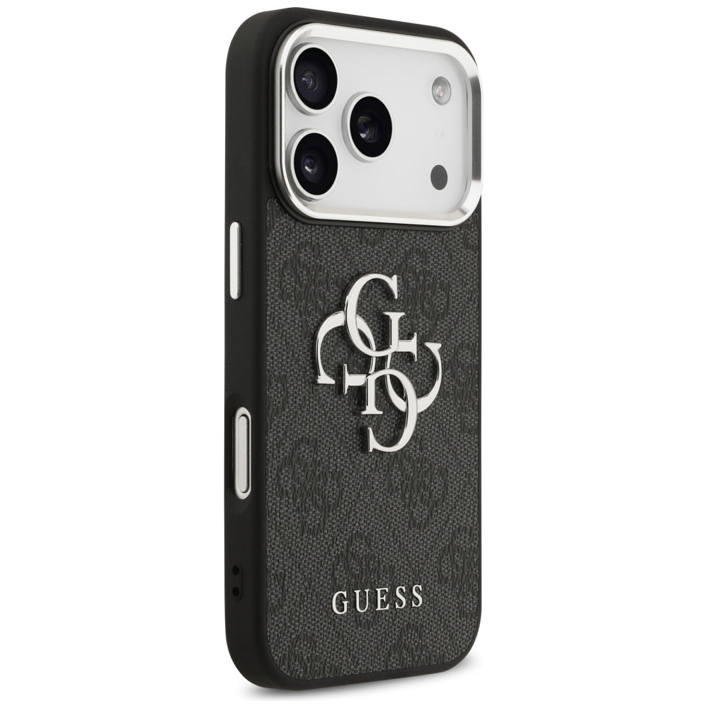 Guess iPhone 17 Pro - 4G Big 4G Classic Logo - Σκληρή Θήκη με Πλαίσιο Σιλικόνης και Επένδυση από Οικολογικό Δέρμα - Black / Silver - GUHCP17LP4G4SMCK