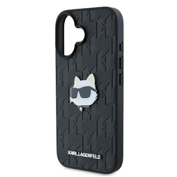 Karl Lagerfeld iPhone 16 - Monogram Choupette Head Pin Σκληρή Θήκη με Επένδυση Συνθετικού Δέρματος - Black - KLHCP16SPGKLCHPK