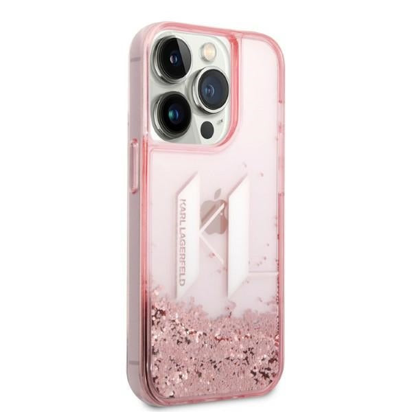 Karl Lagerfeld iPhone 14 Pro - Liquid Glitter Big KL Σκληρή Θήκη με Πλαίσιο Σιλικόνης - Διάφανη / Pink - KLHCP14LLBKLCP