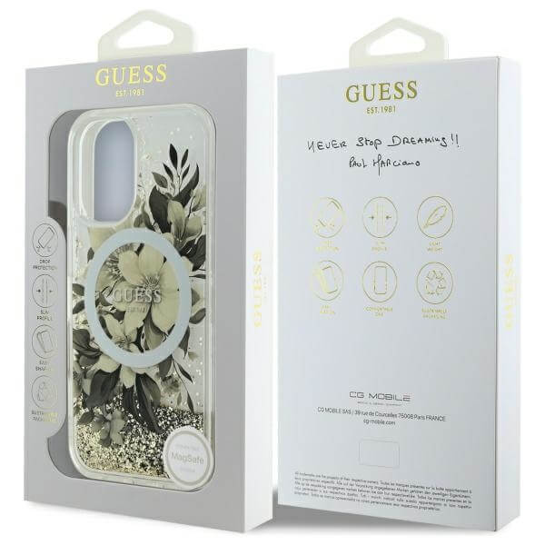 Guess iPhone 16 - Liquid Glitter Flower MagSafe - Σκληρή Θήκη με Πλαίσιο Σιλικόνης - Beige - GUHMP16SLFMWTE