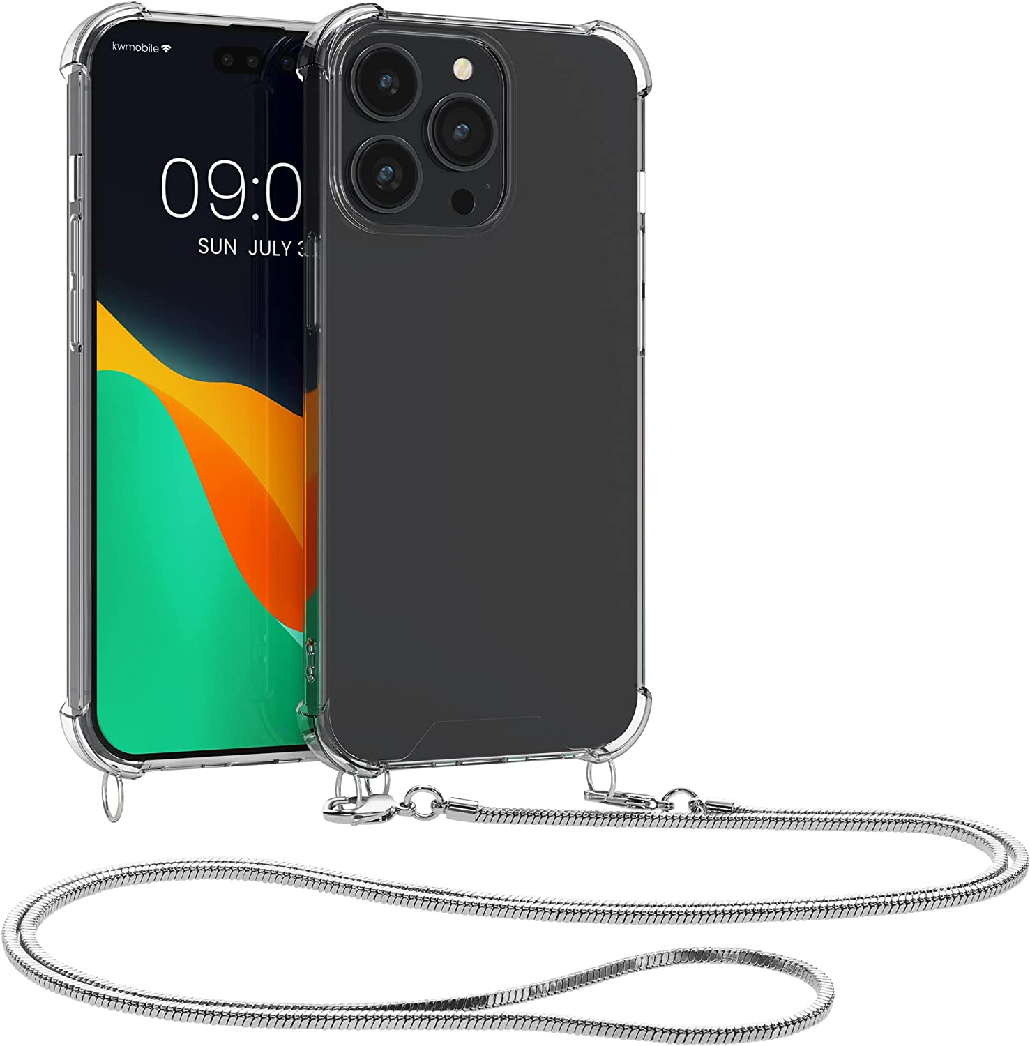 KW iPhone 14 Pro Max Θήκη Σιλικόνης TPU με Μεταλλικό Λουράκι - Διάφανη / Silver - 59105.35