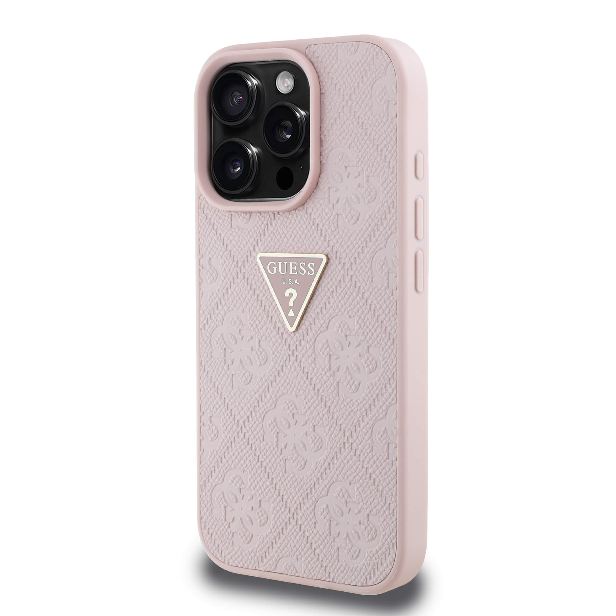 Guess iPhone 16 Pro - Hot Stamp 4G Pattern Triangle Metal Logo - Θήκη με Επένδυση Συνθετικού Δέρματος και Πλαίσιο Σιλικόνης - Pink - GUHCP16LPGP4STRP