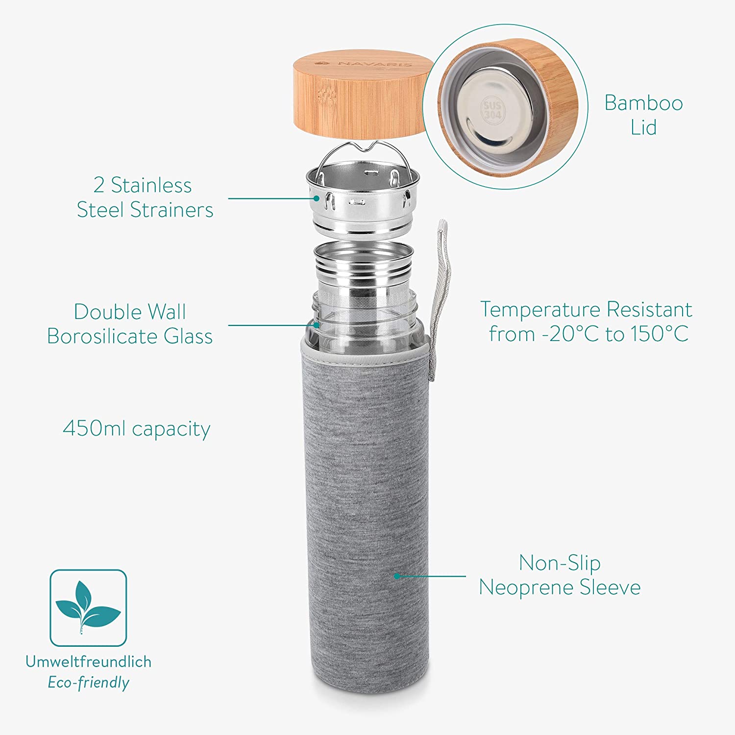 Navaris Γυάλινο Μπουκάλι Τσαγιού με Θήκη μεταφοράς - 450ml - Design Travel - Clear - 45888.1.01