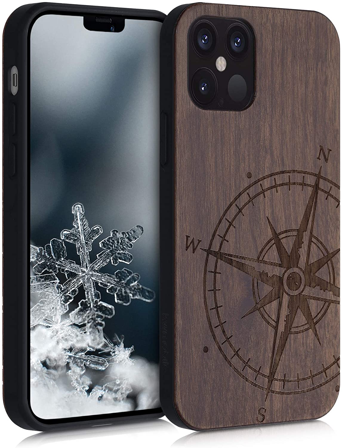 KW iPhone 12 Pro Θήκη από Φυσικό Ξύλο Design Navigational Compass - Dark Brown - 52734.01