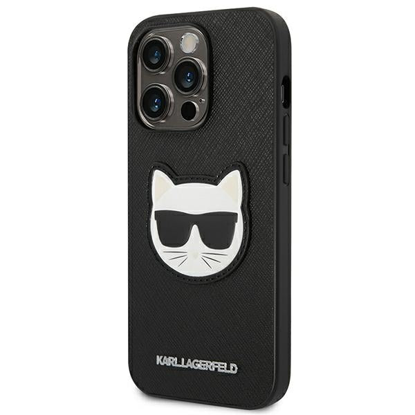 Karl Lagerfeld iPhone 14 Pro Max - Saffiano Choupette Head Patch Σκληρή Θήκη με Επένδυση Συνθετικού Δέρματος και Πλαίσιο Σιλικόνης - Black - KLHCP14XSAPCHK
