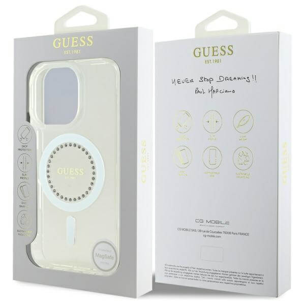 Guess iPhone 16 Pro Max - IML Rhinestones - MagSafe Σκληρή Θήκη με Πλαίσιο Σιλικόνης - White - GUHMP16XPFTDTEH