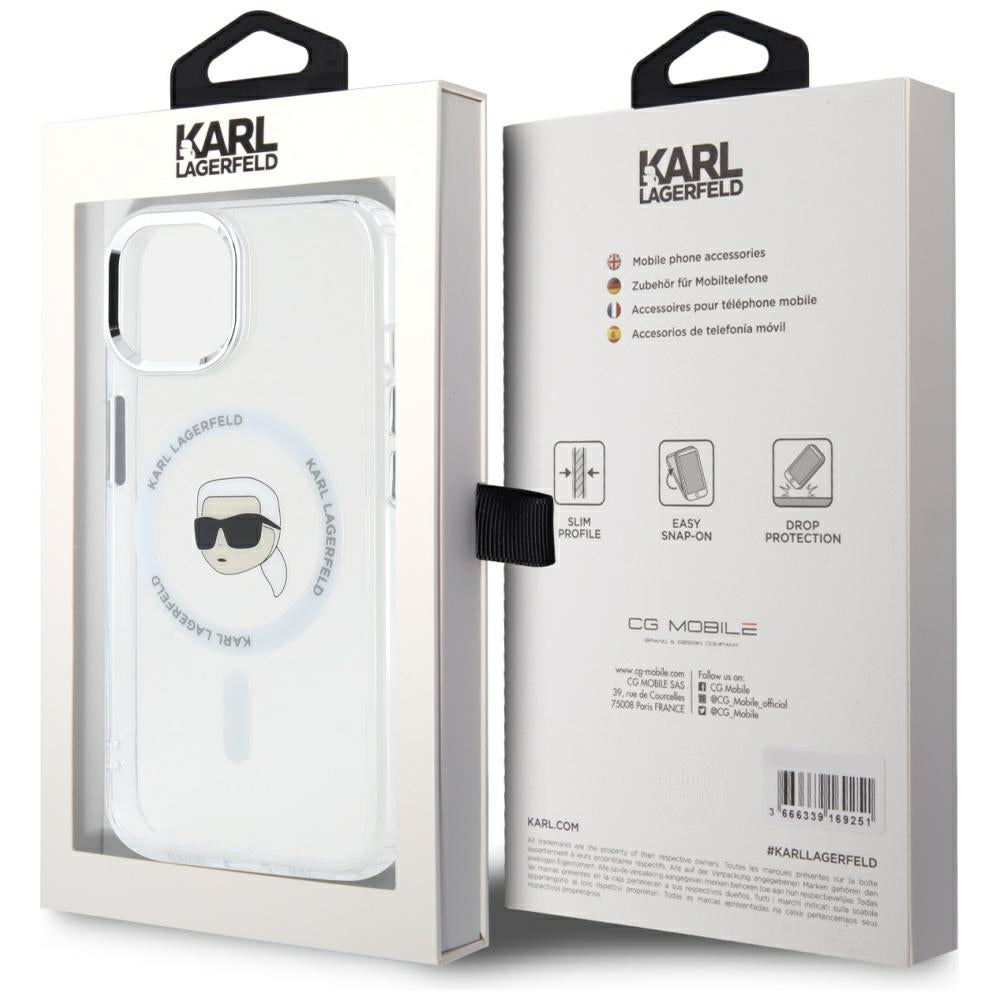 Karl Lagerfeld iPhone 15 Plus - IML Metal Karl Head - MagSafe Σκληρή Θήκη με Πλαίσιο Σιλικόνης - White - KLHMP15MHLSKIH