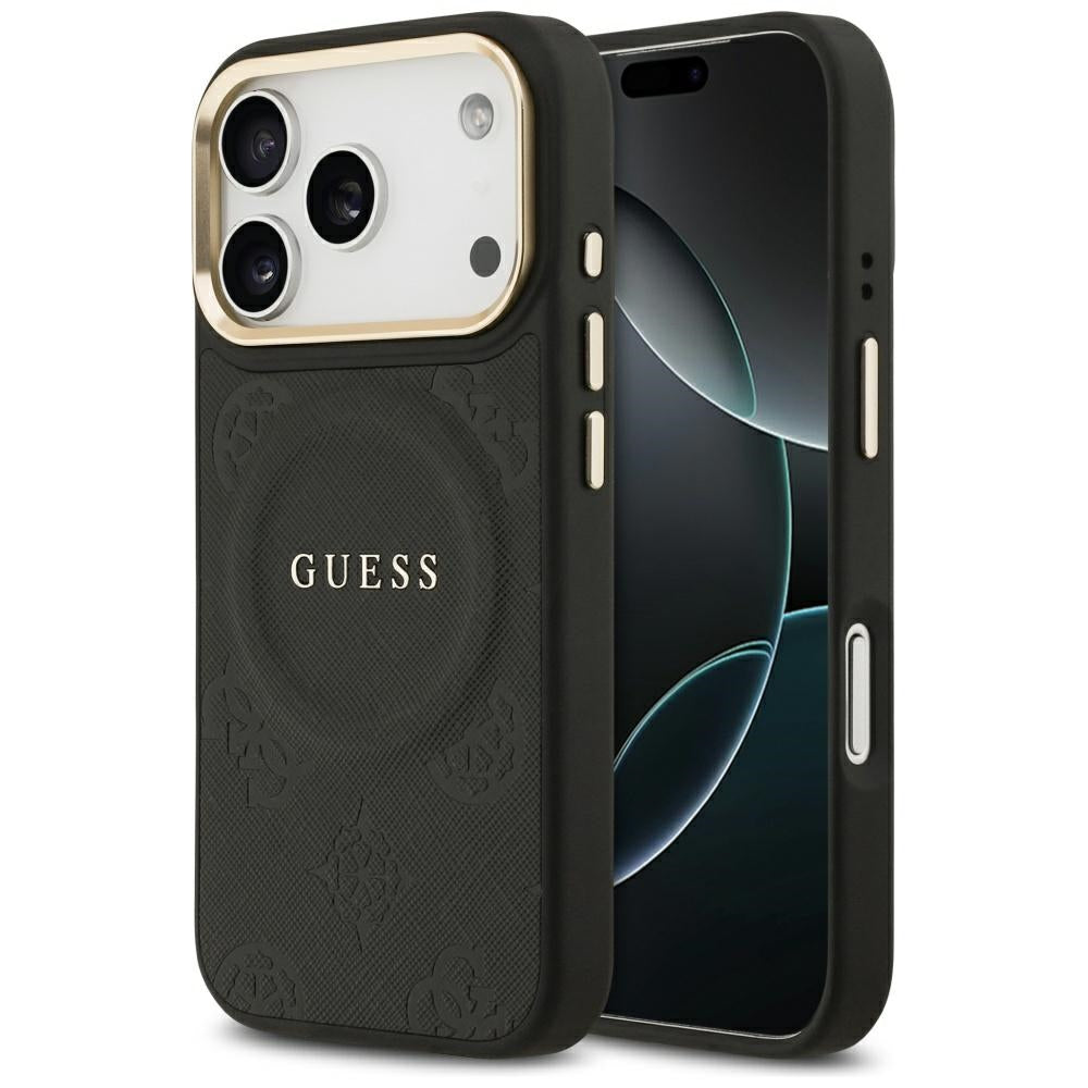 Guess iPhone 17 Pro - Peony Hot Stamp MagSafe - Σκληρή Θήκη με Επένδυση Συνθετικού Δέρματος - Black - GUHMP17LPSAMSECK